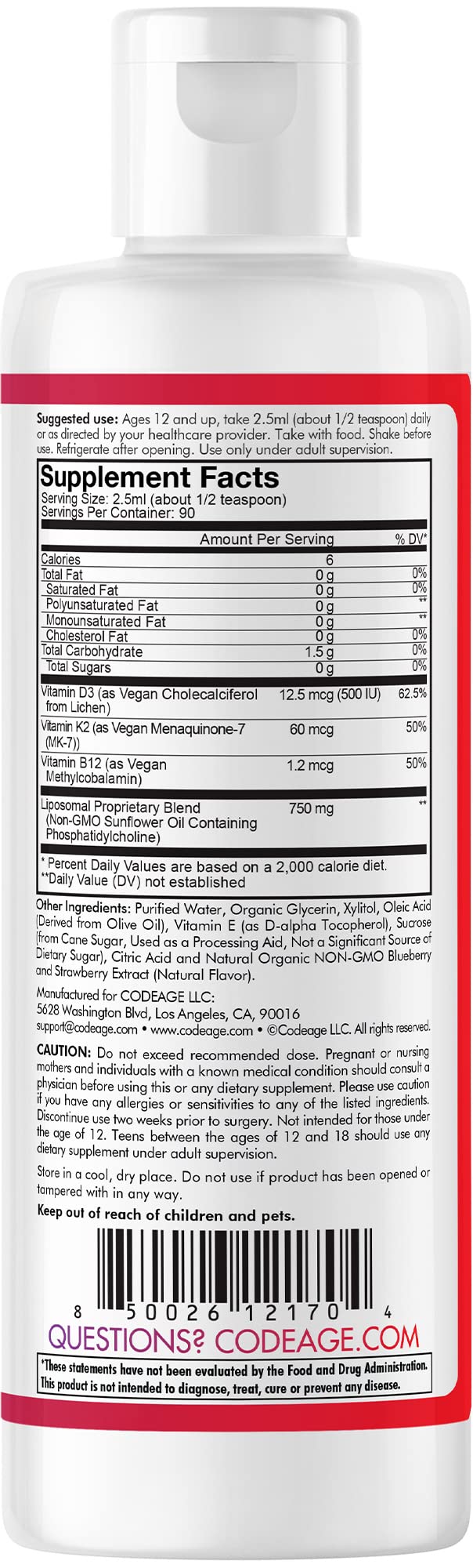 Codeage Liposomal Teen Wonder-D, Vegan Vitamin D3 Cholecalciferol + K2 Liquid Supplement for Teenagers, Plant-Based Vitamin B12, Non-GMO Sunflower Oil, Mixed Berry Flavor, 3-Month Supply, 7.6 fl oz