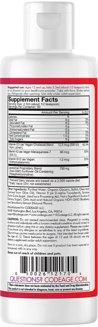 Thumbnail for Codeage Liposomal Teen Wonder-D, Vegan Vitamin D3 Cholecalciferol + K2 Liquid Supplement for Teenagers, Plant-Based Vitamin B12, Non-GMO Sunflower Oil, Mixed Berry Flavor, 3-Month Supply, 7.6 fl oz
