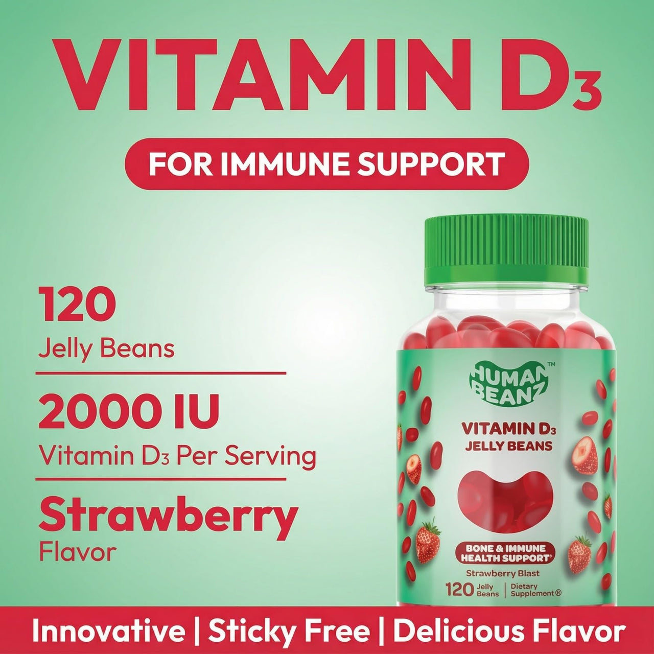 Human Beanz Vitamin D3 Jelly Bean Gummies for Adults, Immunity Support, 2000 IU Vitamin D, Nutritional Vegetarian Supplements, 120 Strawberry Blast Jelly Beans, Kosher