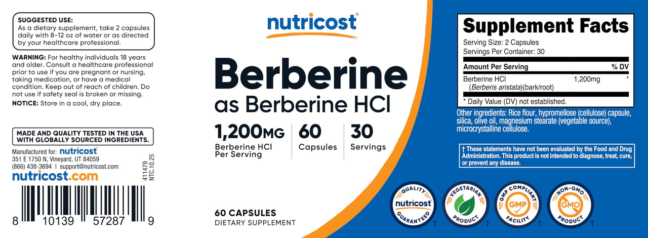 Nutricost Berberine HCl 1200mg , 60 Vegetarian Capsules - Gluten Free & Non-GMO