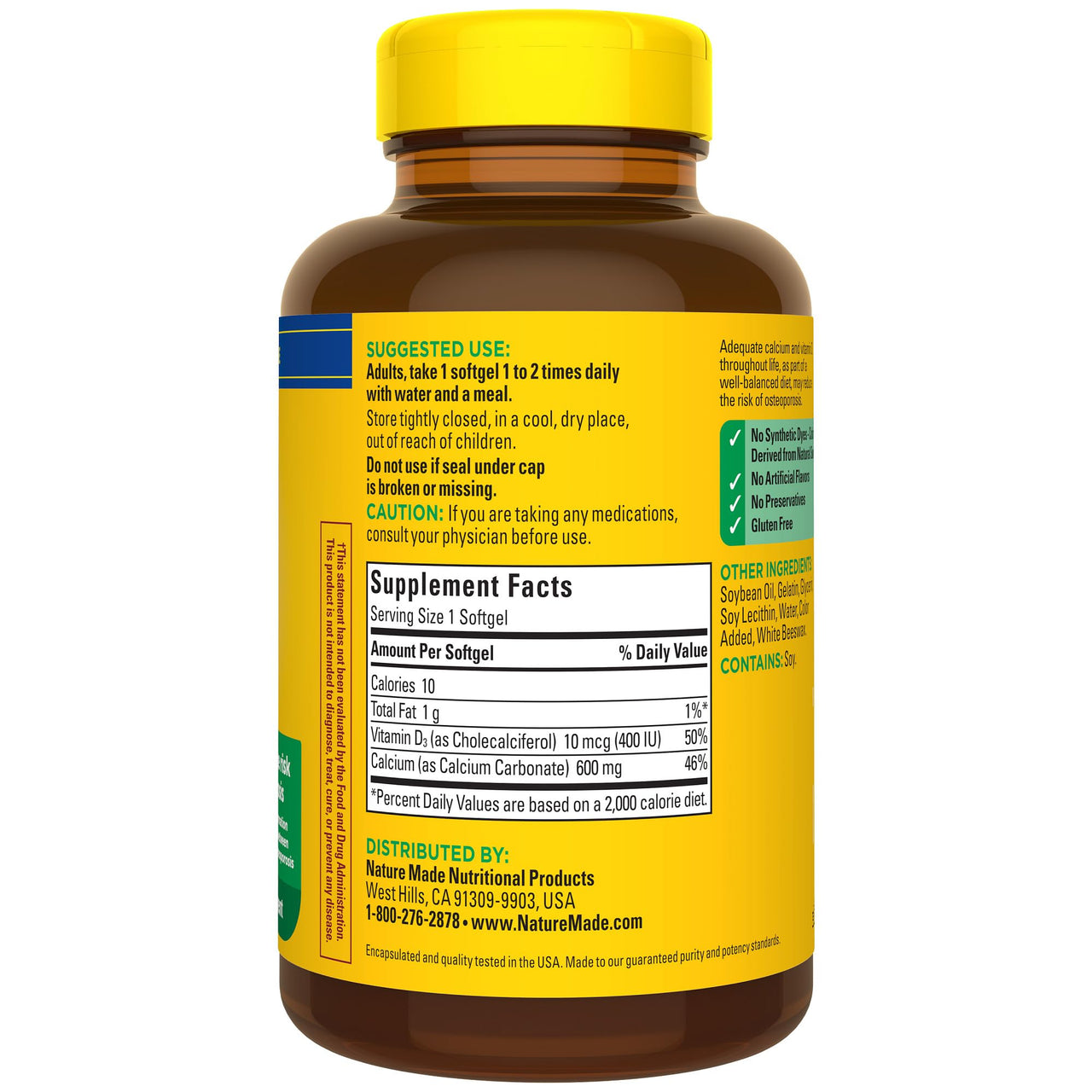 Nature Made Calcium 600 mg with Vitamin D3, Dietary Calcium Supplement for Bone Support, 100 Softgels