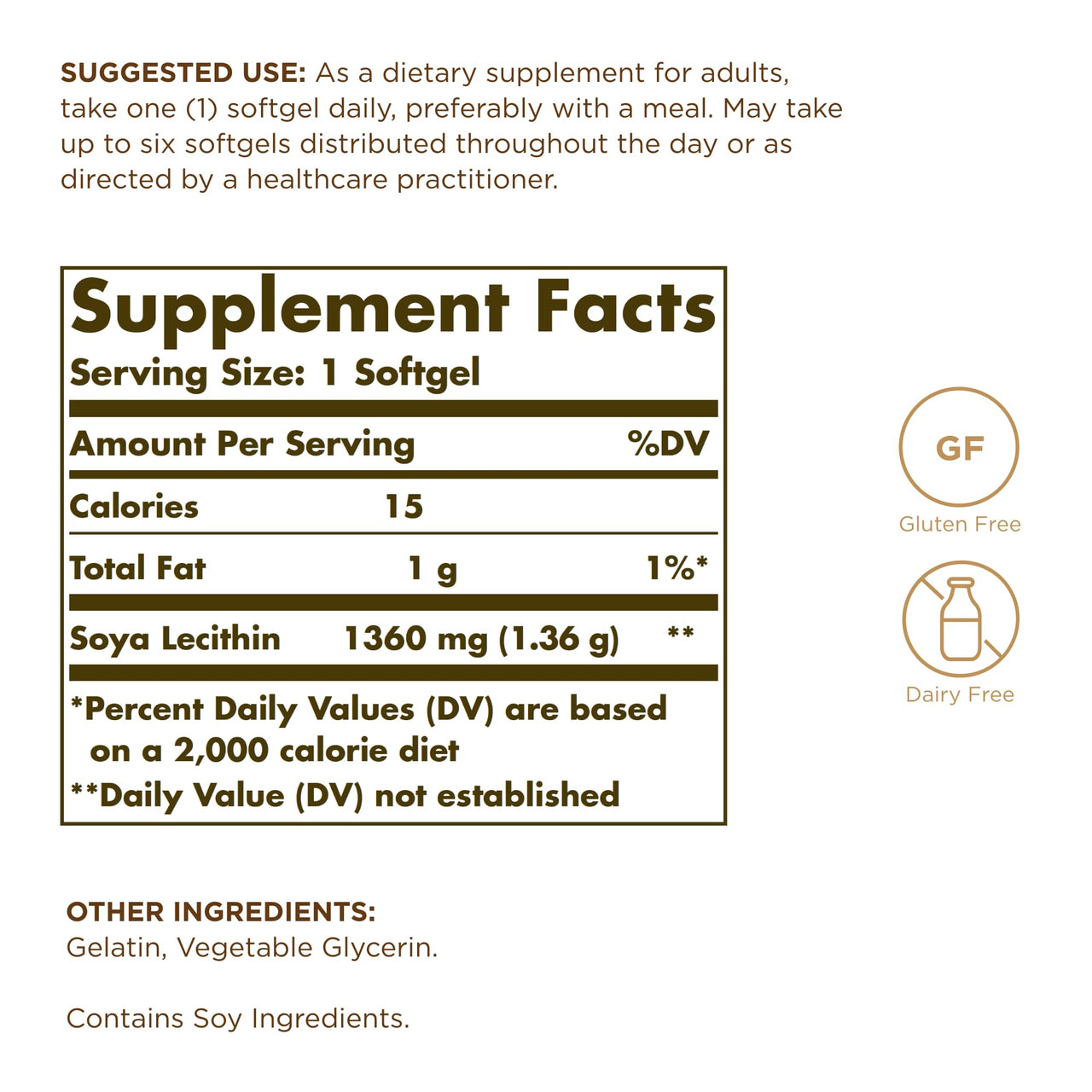 Solgar Soya Lecithin 1360 mg - 100 Softgels - Source of Choline - Gluten Free, Dairy Free - 100 Servings