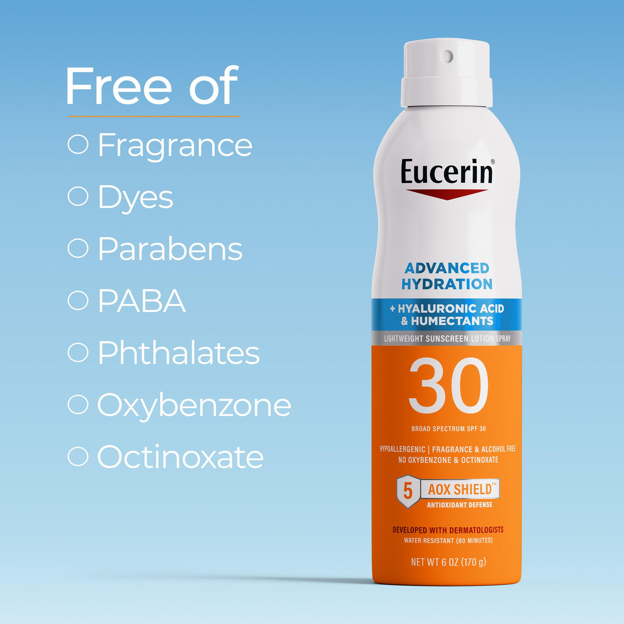 Eucerin Advanced Hydration SPF 30 Sunscreen Spray, Lightweight Spray Sunscreen with Hyaluronic Acid and Humectants, Hypoallergenic, Fragrance and Alcohol Free, 6 Oz Bottle