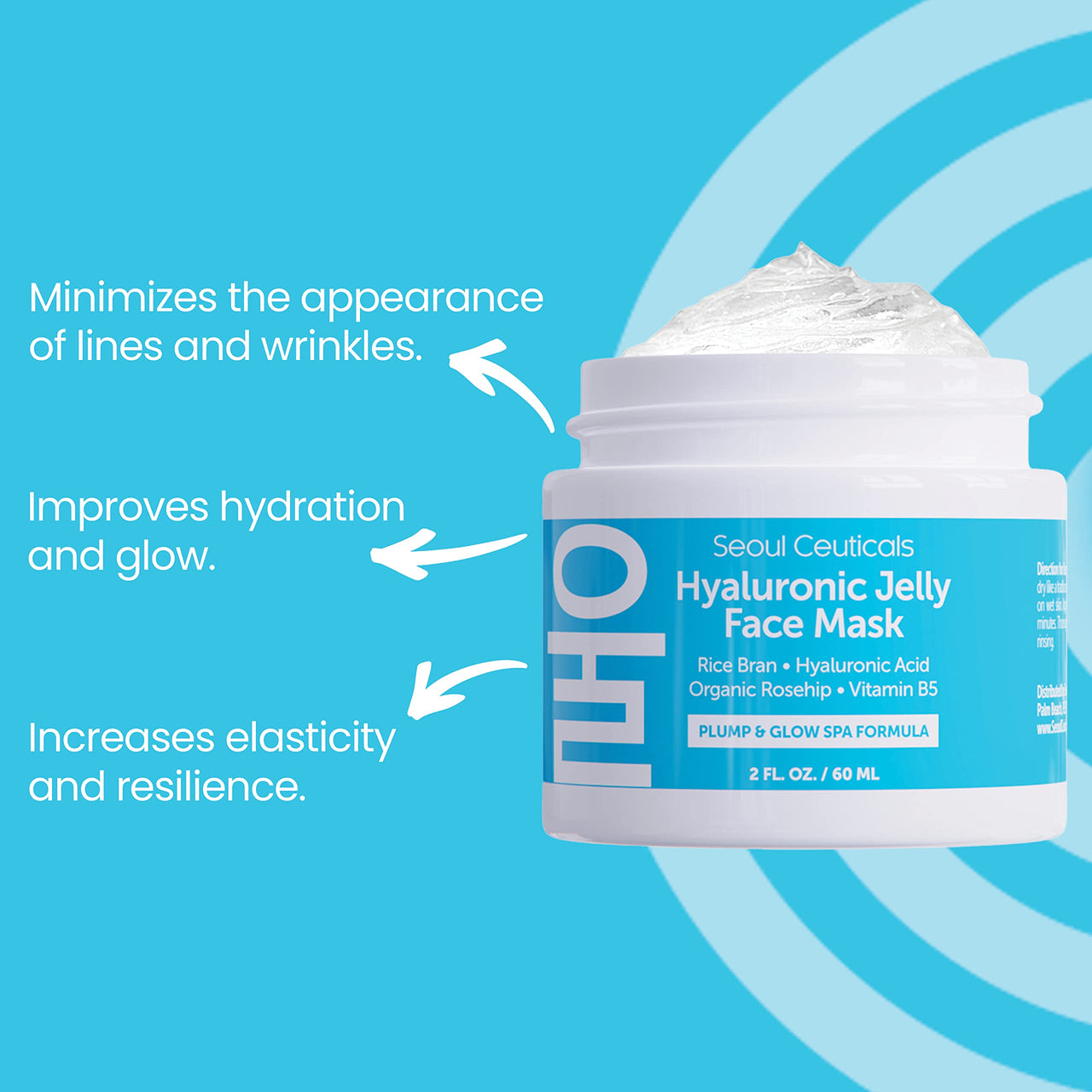 SeoulCeuticals Korean Skin Care Hyaluronic Acid Jelly Face Mask – Rice Bran + Vit B5 + Rosehip Anti Aging K Beauty Skincare for Plump Glowing Skin 2oz