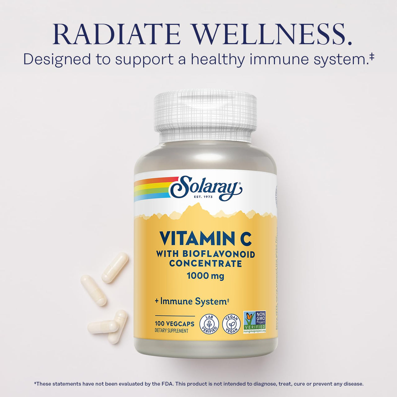 SOLARAY Vitamin C Supplement 1000mg with Bioflavonoids Concentrate - Vitamin C Capsules w/ Rose Hips & Acerola, Heart Health & Immune Support for Men & Women, 1000 mg per Serving, Vegan - 100 Veg Caps