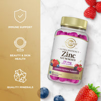 Thumbnail for Solgar Zinc Gummies Adult Vitamin with 25mg Ultra Potency Zinc Citrate for Immune Support - Mixed Fruit Flavor, Vegan, Kosher & Gluten Free Gummy Supplements for Women & Men, 2g Sugar, 60 Servings
