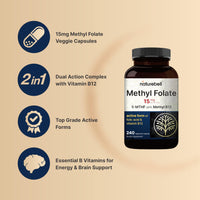 Thumbnail for NatureBell L Methylfolate 15mg, 240 Veggie Capsules | 5-MTHF with Methyl B12 1,000mcg | High Potency Dual Action for Energy & Cognitive Support, Active Folic Acid – Methyl Folate Supplement