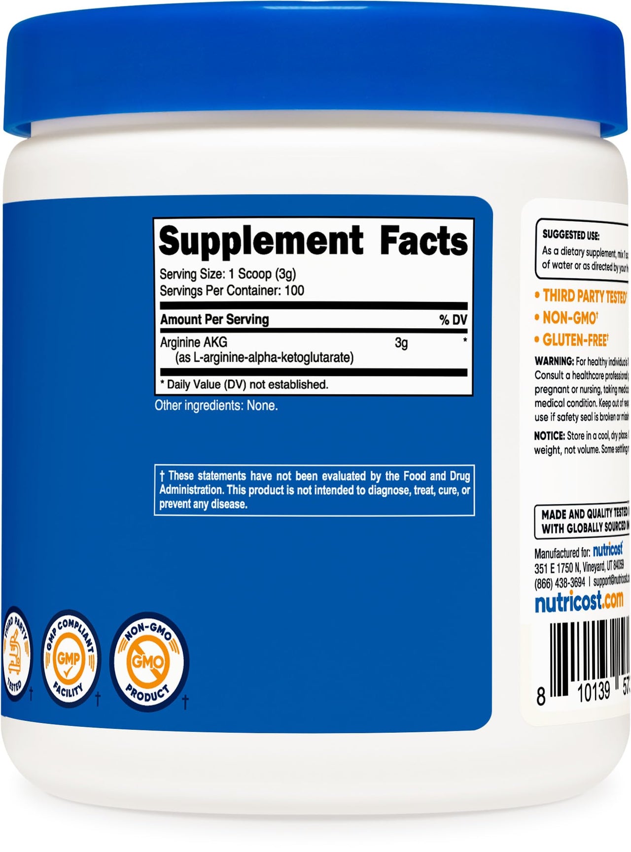 Nutricost Arginine AKG Powder 300 Grams (AAKG) - 3G Per Serving & 100 Servings - Pure Arginine Alpha Ketoglutarate