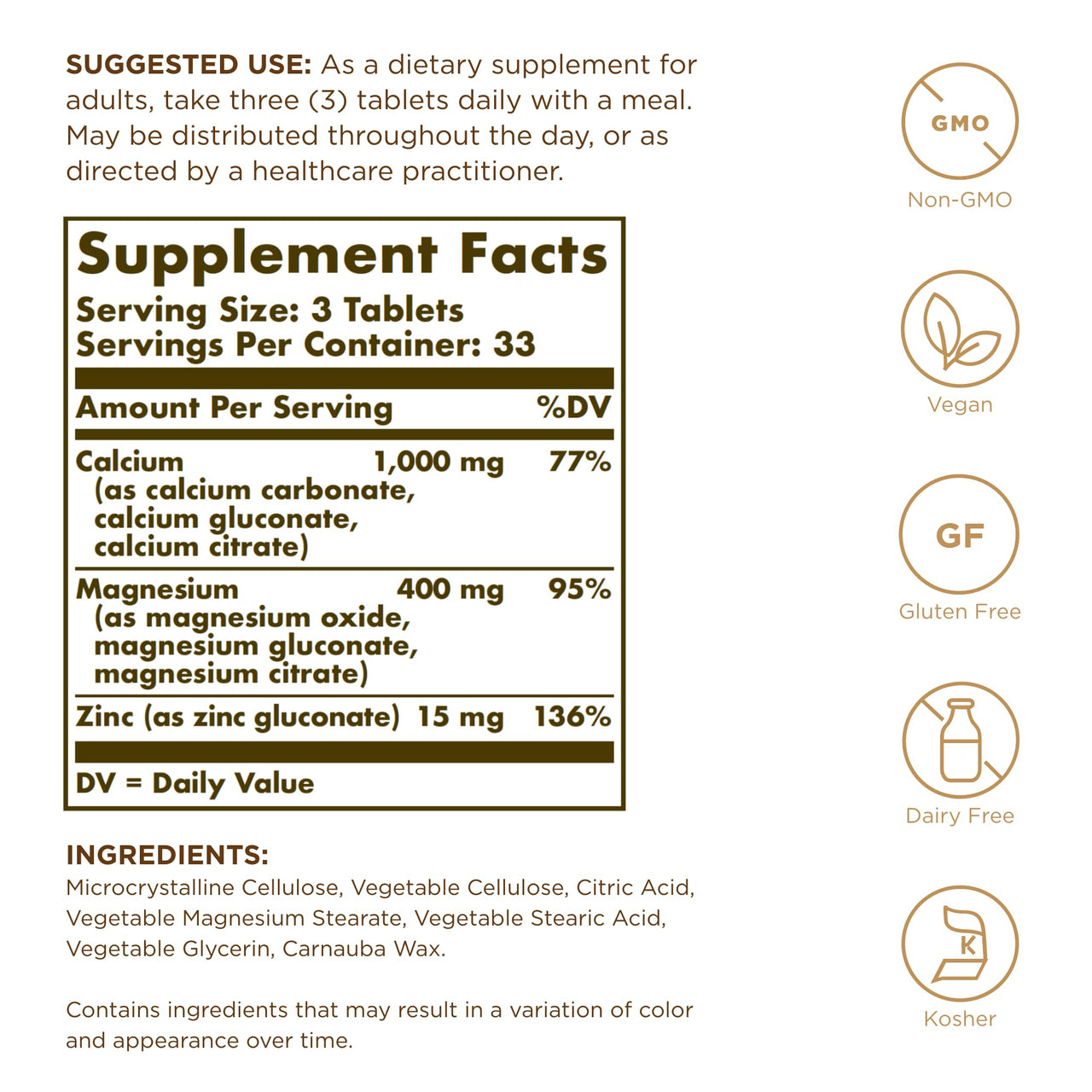 Solgar Calcium Magnesium Plus Zinc, 100 Tablets (Pack of 3) - Promotes Healthy Bones and Teeth - Supports Nerve & Muscle Function - Non-GMO, Vegan, Gluten Free, Dairy Free, Kosher - 100 Total Servings