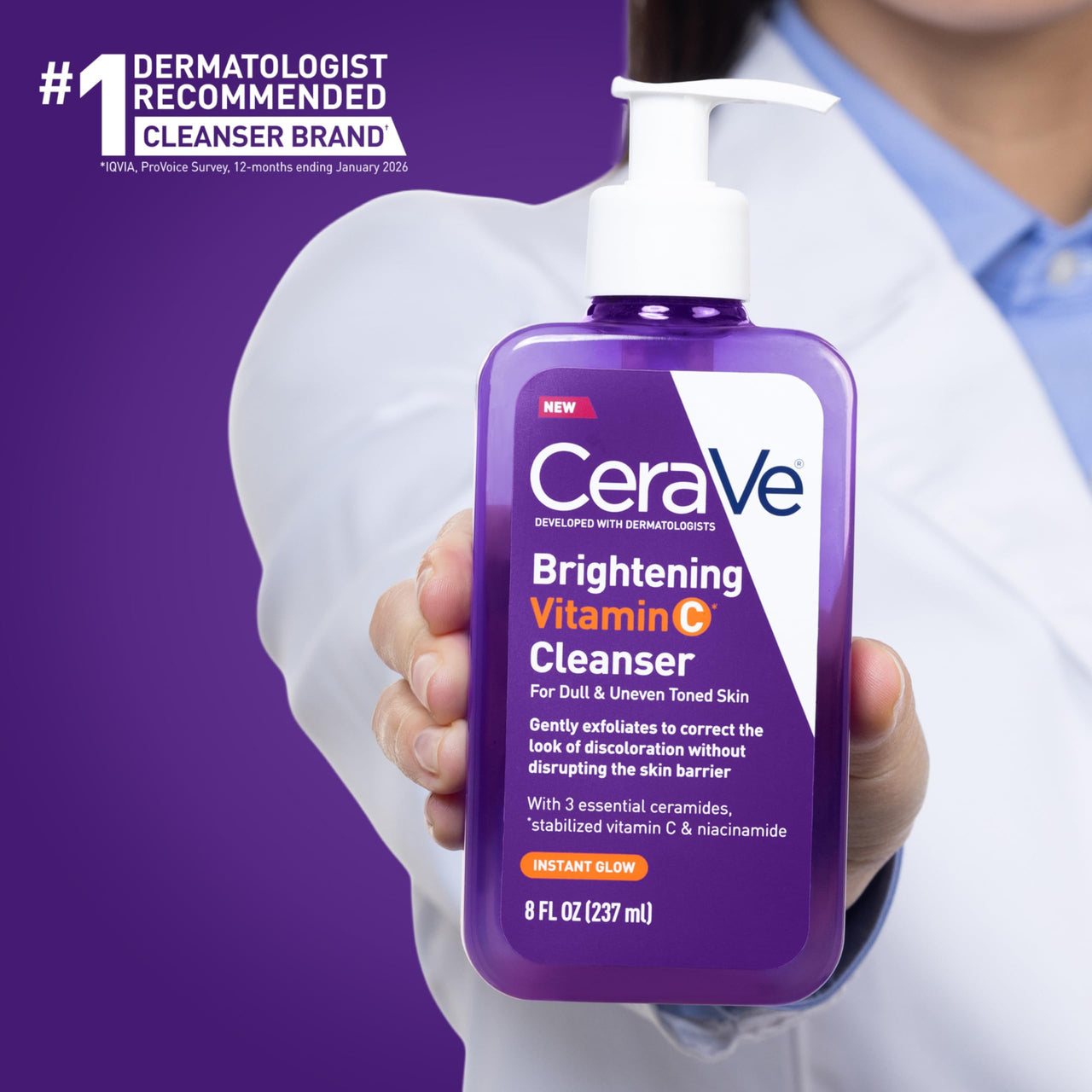 CeraVe Brightening Vitamin C Facial Cleanser for Dull & Uneven Skin Tone with Stabilized Vitamin C, Niacinamide & Ceramides, Hydrating & Exfoliating, Fragrance-Free, Safe for Sensitive Skin, 8oz