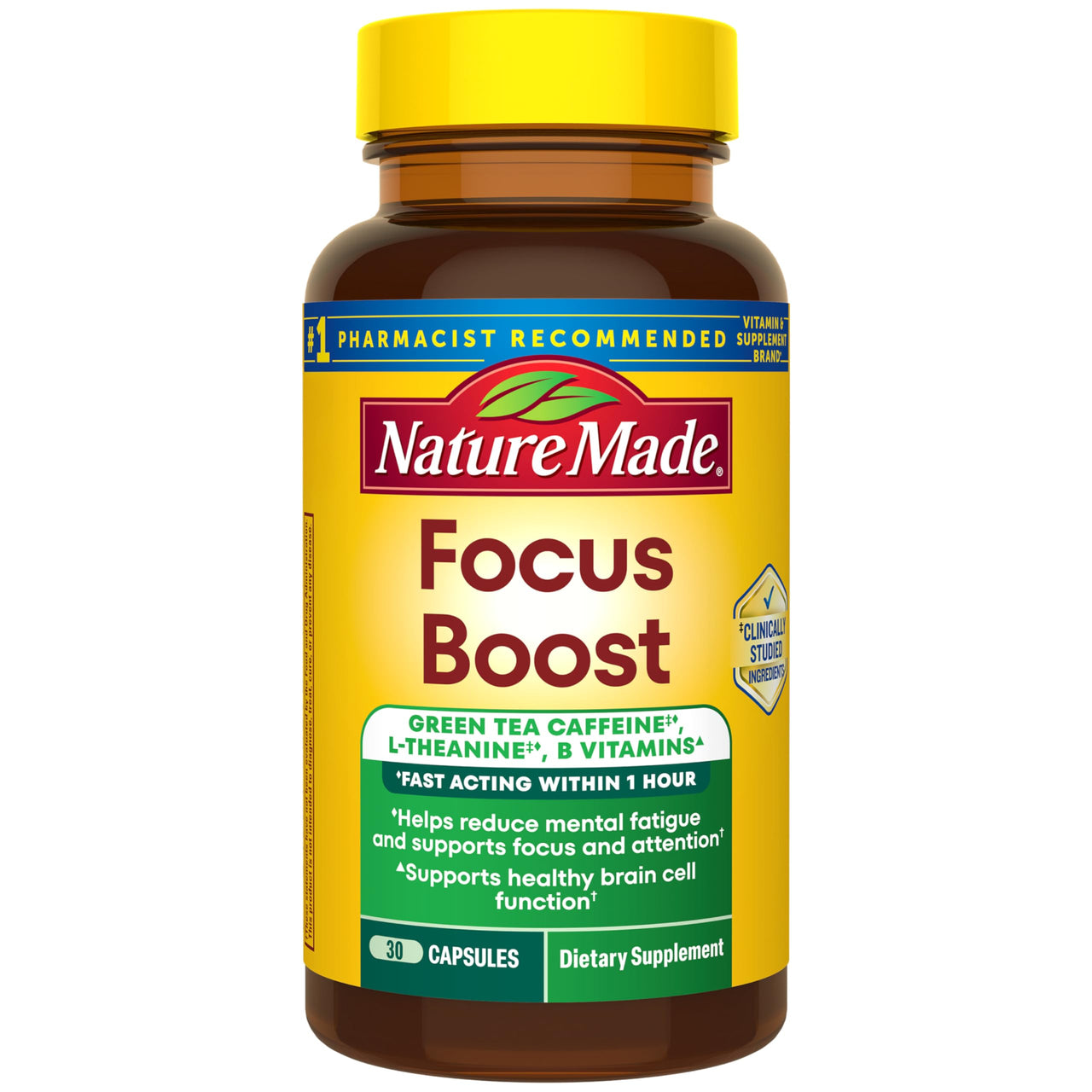 Nature Made Focus Boost Capsules, Green Tea Caffeine + L Theanine, B Vitamins, Fast Acting Focus Supplement, 30 Capsules, 30 Day Supply