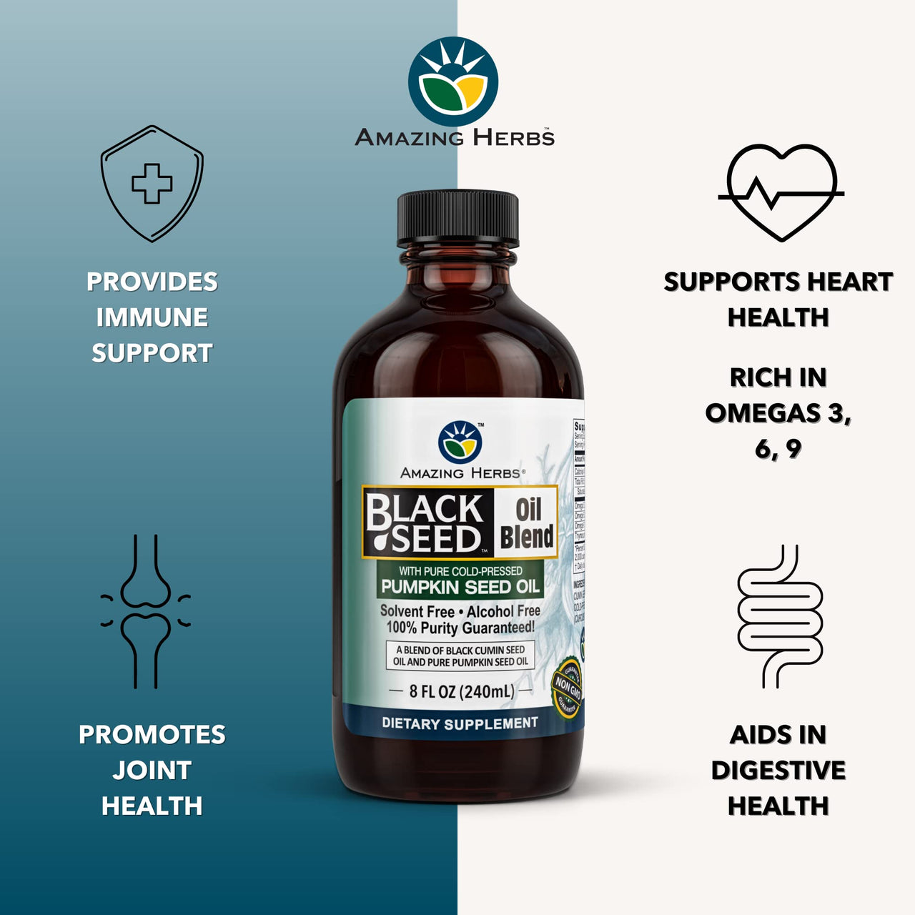 Amazing Herbs Black Seed and Pumpkin Seed Cold-Pressed Oil Blend - Gluten-Free, No Preservatives, High in Omega 3, 6, & 9, Improves Immune Respones & Promotes Digestive Health - 8 Fl Oz