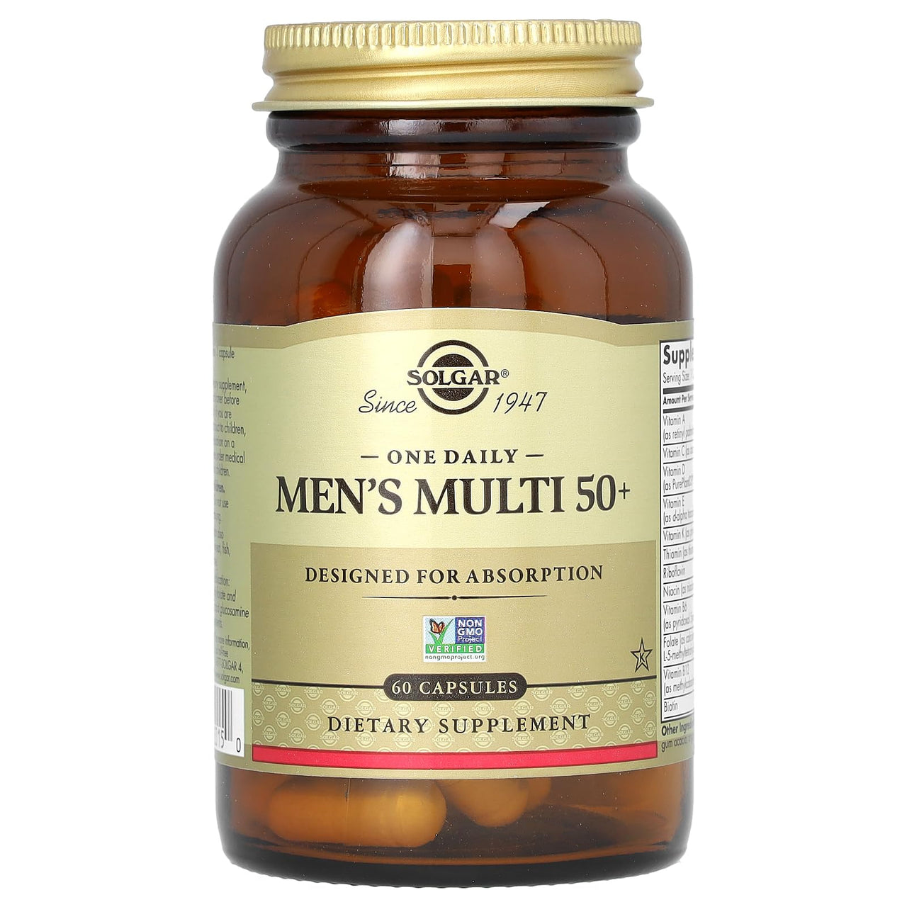 Solgar One Daily Men's Multi 50+ Whole Body Support for Men 50 and Older Highly Absorbable Delayed Release Heart, Energy, Stress, Muscle, Bone, Prostate Support Vitamin 60 Vegan Capsules, 60 Servings