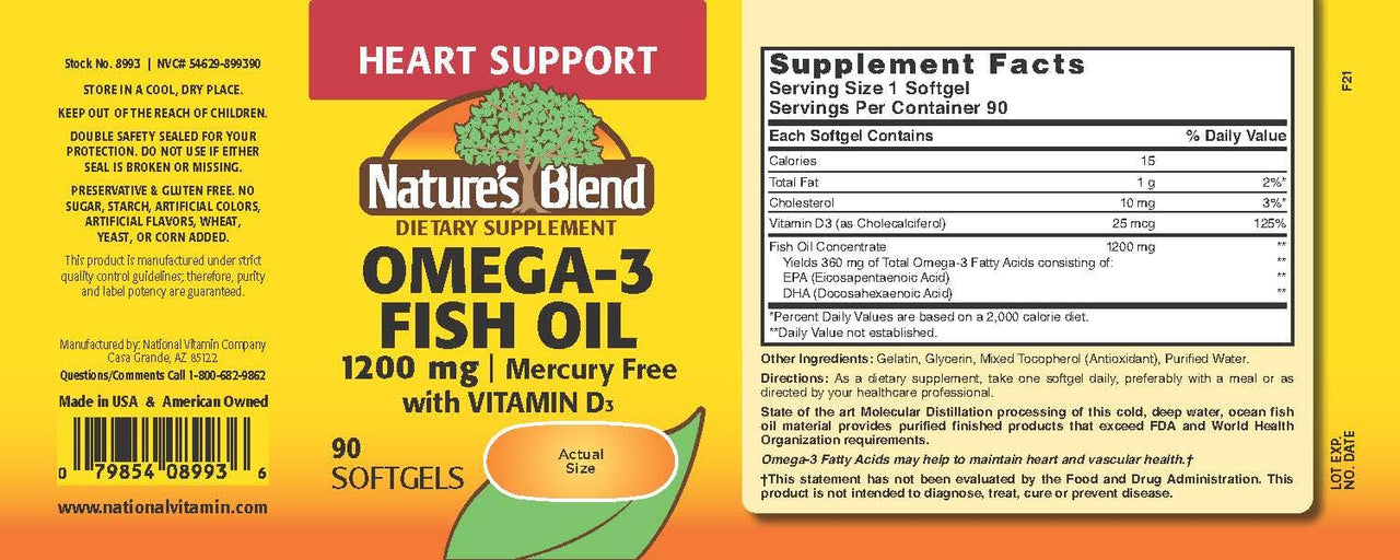 Nature's Blend Omega-3 Fish Oil 1200 mg and Vitamin D3 1000 IU 90 Softgels