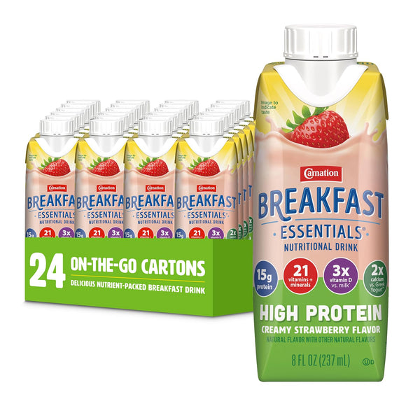 Carnation Breakfast Essientials High Protein Ready-to-Drink, 8 FL OZ Carton, Strawberry (Pack of 24)