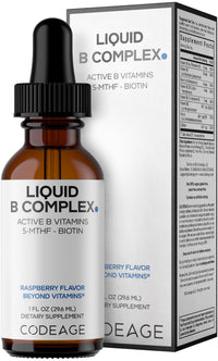 Thumbnail for Codeage Liquid B-Complex Supplement with 8 Forms of Vitamin B - Vitamin Thiamine B1, Riboflavin B2, B3, B5, B6, Biotin B7, Active Methylated B9 Folate & B12 - Raspberry Flavor - Non-GMO - 1 fl oz