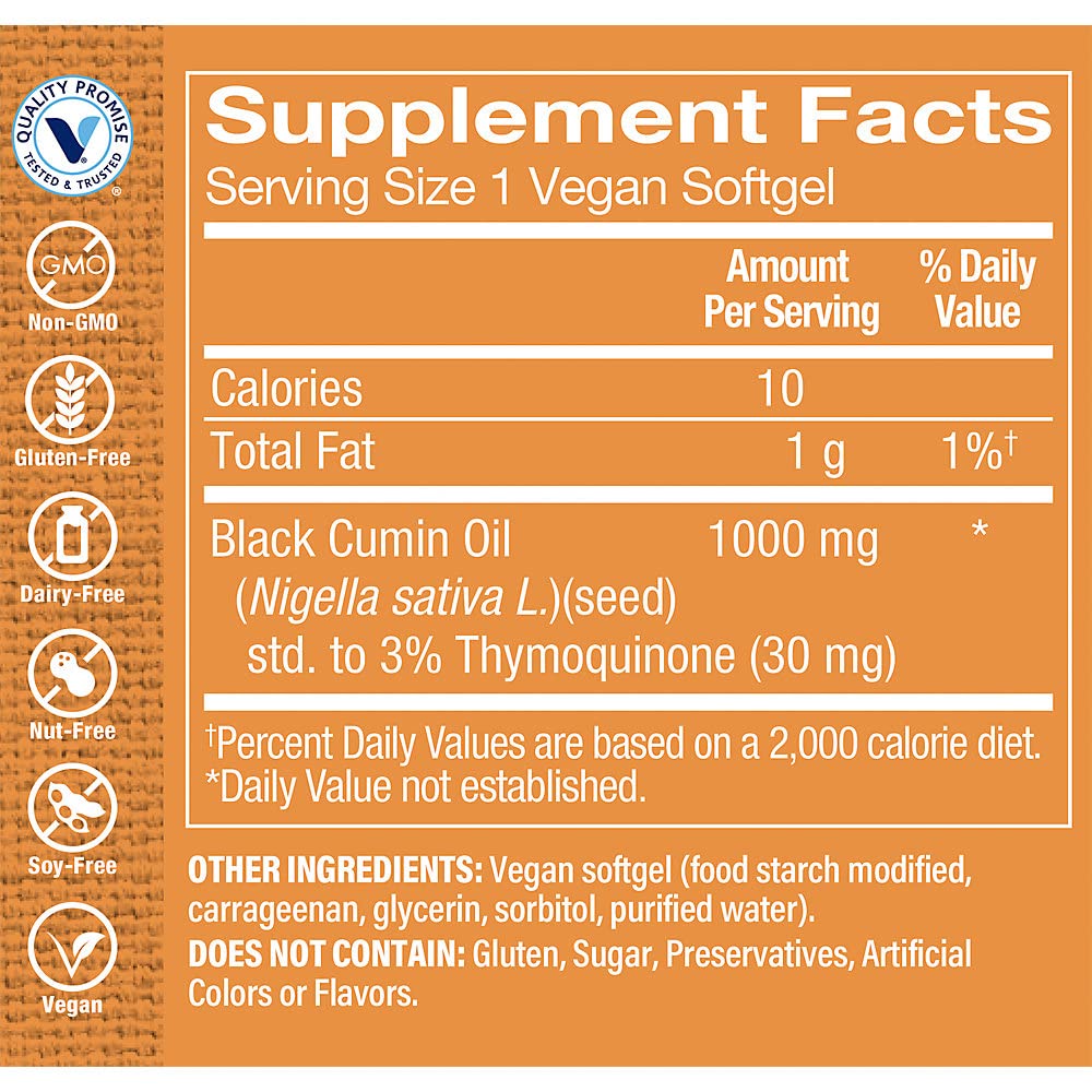 The Vitamin Shoppe Black Seed Oil 1000mg - Immune Health & Antioxidant | 3% Thymoquinone Cold-Pressed | 60 Vegan Softgels | Non-GMO