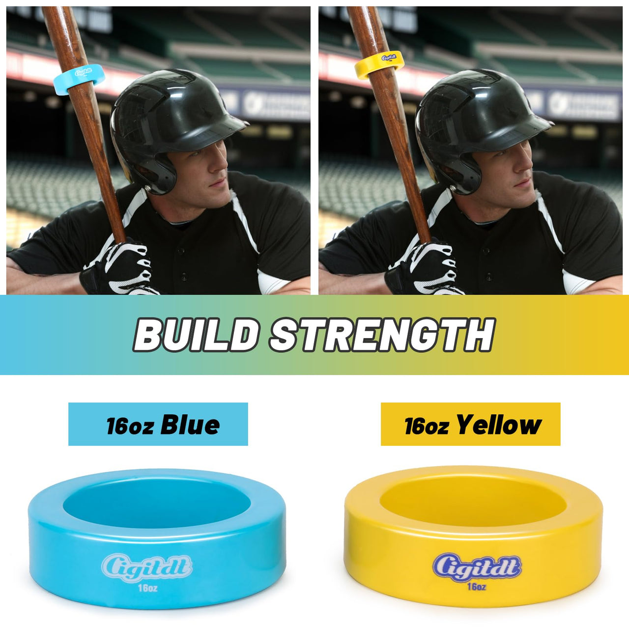 CIGITDT 2 Pack Baseball and Softball Bat Weights - 16 oz Baseball Donuts for Adult + Youth Baseball Accessories- Fits All Standard Bats-Yellow & Blue