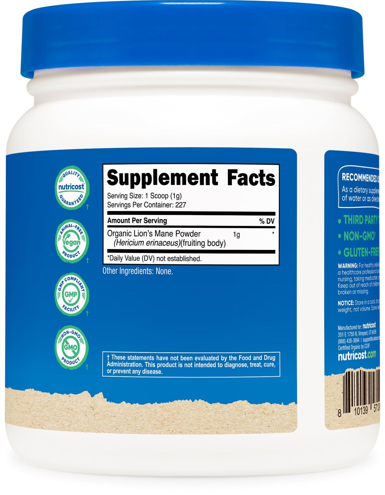 Nutricost Organic Lion's Mane Mushroom Powder (8 oz) - 227 Servings, Certified USDA Organic Supplement