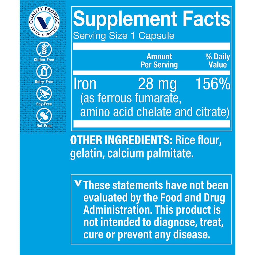 The Vitamin Shoppe Iron 28G, Well Absorbed Forms of Iron, Supports Immune Health & Energy Production, Essential Mineral, Once Daily (100 Capsules)
