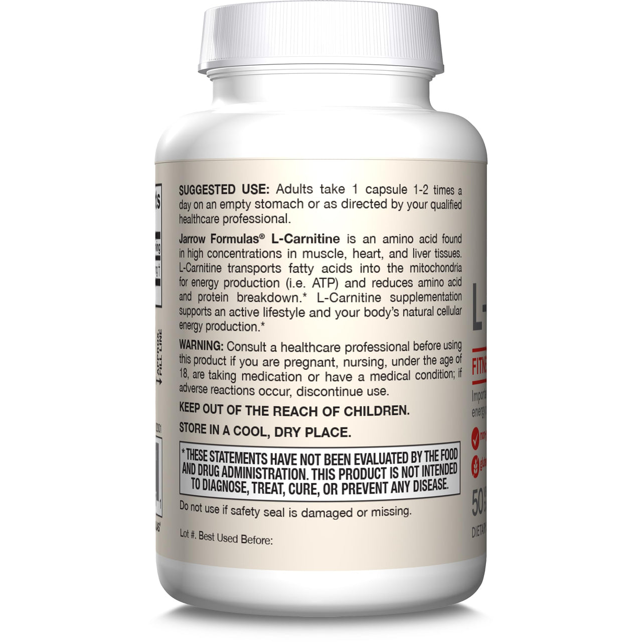 Jarrow Formulas® L-Carnitine 500 mg, Dietary Supplement, Support for Cellular Energy Production, 50 Veggie Capsules, 50 Day Supply