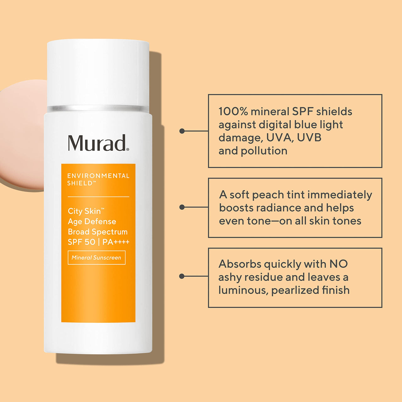 Murad City Skin Age Defense Broad Spectrum SPF 50 - Environmental Shield 100% Mineral Sunscreen - Blue Light Defense - SPF 50 Environmental Defense Sunscreen - Light Sunscreen for Face, 1.7 Fl Oz