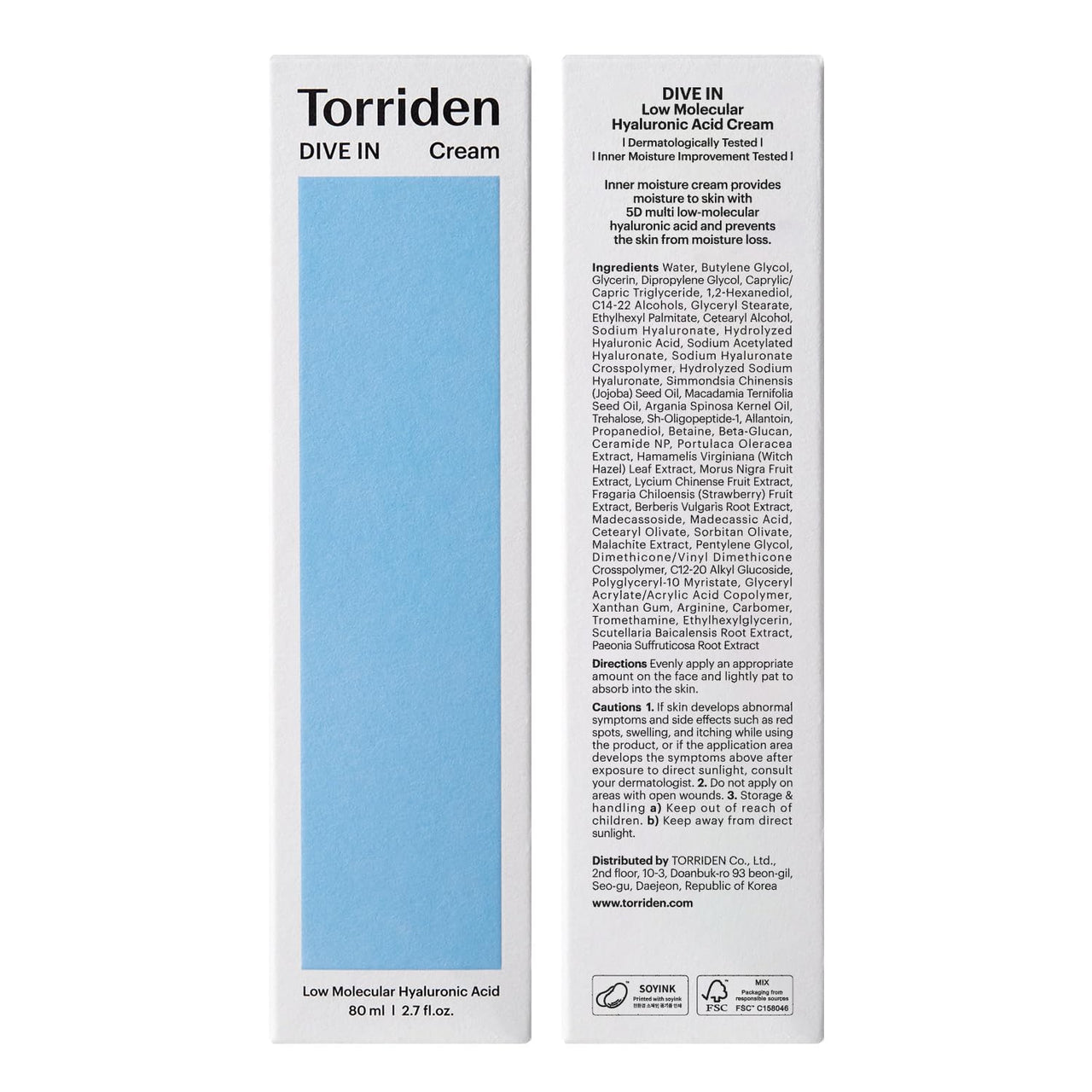 Torriden DIVE IN Cream 80ml (2.71 fl. oz.) | Facial Moisturizer for Sensitive, Oily Skin | Lightweight and Moistrul Creamy Texture | Hyaluronic Acid Cream, Allantoin
