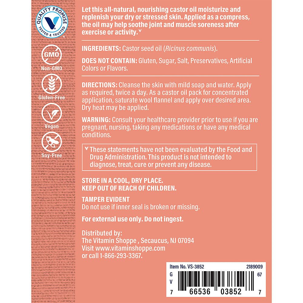 The Vitamin Shoppe Castor Oil 100% Pure - Hair Growth & Skin Nourishment | Cold-Pressed Hexane-Free | 8 oz Bottle | USDA Organic