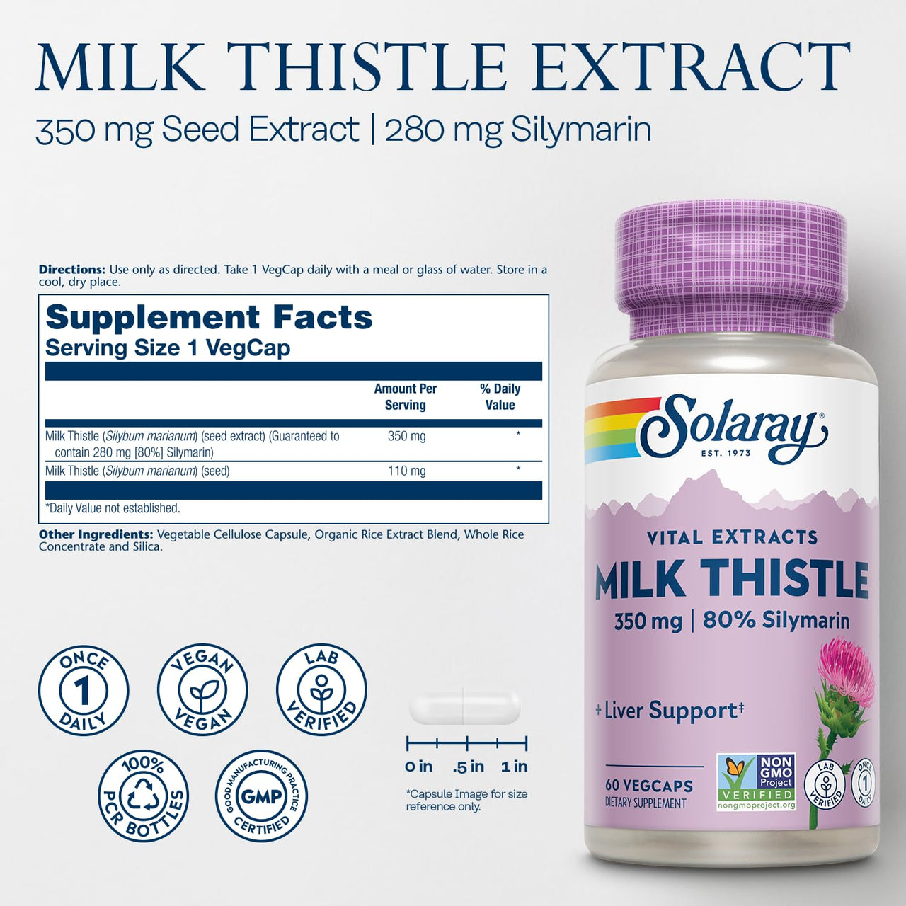 SOLARAY Milk Thistle Seed Extract 350 mg Guaranteed to Contain 80% Silymarin, Traditional Liver Support, Vegan & Lab Verified for Quality, 60 Day Money-Back Guarantee, 60 Servings, 60 VegCaps