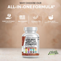 Thumbnail for Clean Nutraceuticals Lions Mane 20in1 Mushroom Supplement with Turkey Tail Reishi Cordyceps Chaga Maitake Meshima Poria Cocos Shiitake Oyster Porcini Enoki - 1 Pack