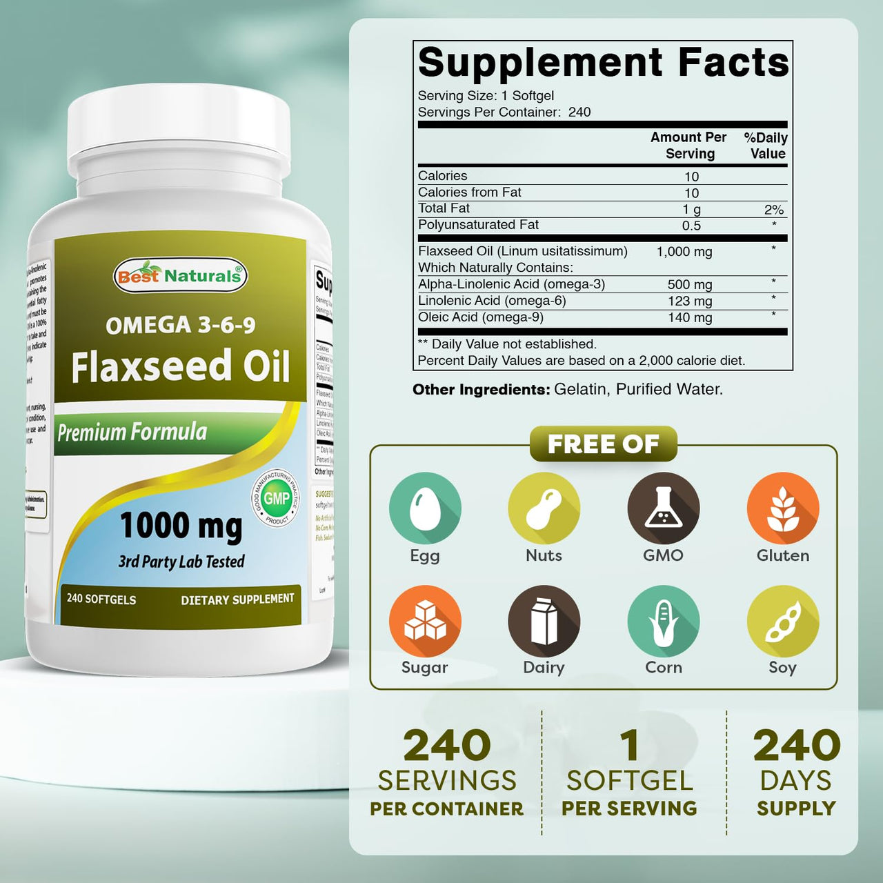 Best Naturals Flaxseed Oil 1000 mg 240 Softgels - Omega-3-6-9 for Heart Health
