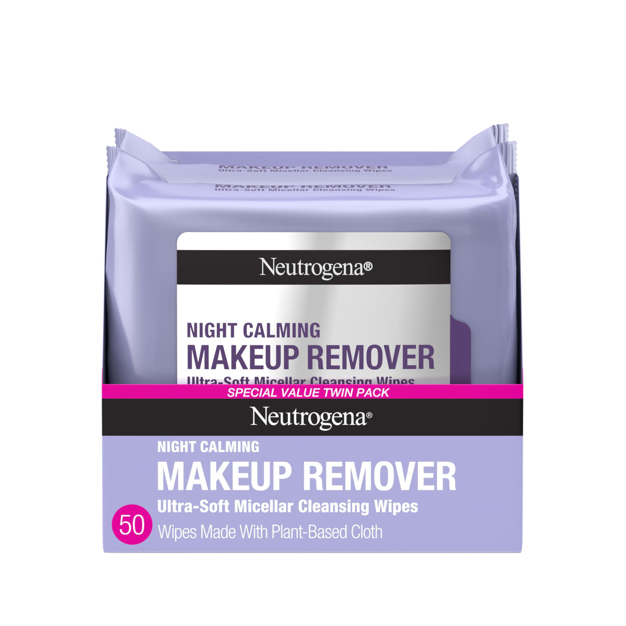 Neutrogena Night Calming Makeup Remover Face Wipes, Nighttime Cleansing Towelettes Remove Sweat, Dirt & Makeup & Calms Skin, Hypoallergenic, 100% Plant Based Cloth, 50 Count (2 Packs of 25)