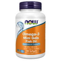 Thumbnail for NOW Supplements, Omega-3 Mini Gels, 180 EPA/120 DHA, Molecularly Distilled, Cardiovascular Support*, 180 Softgels