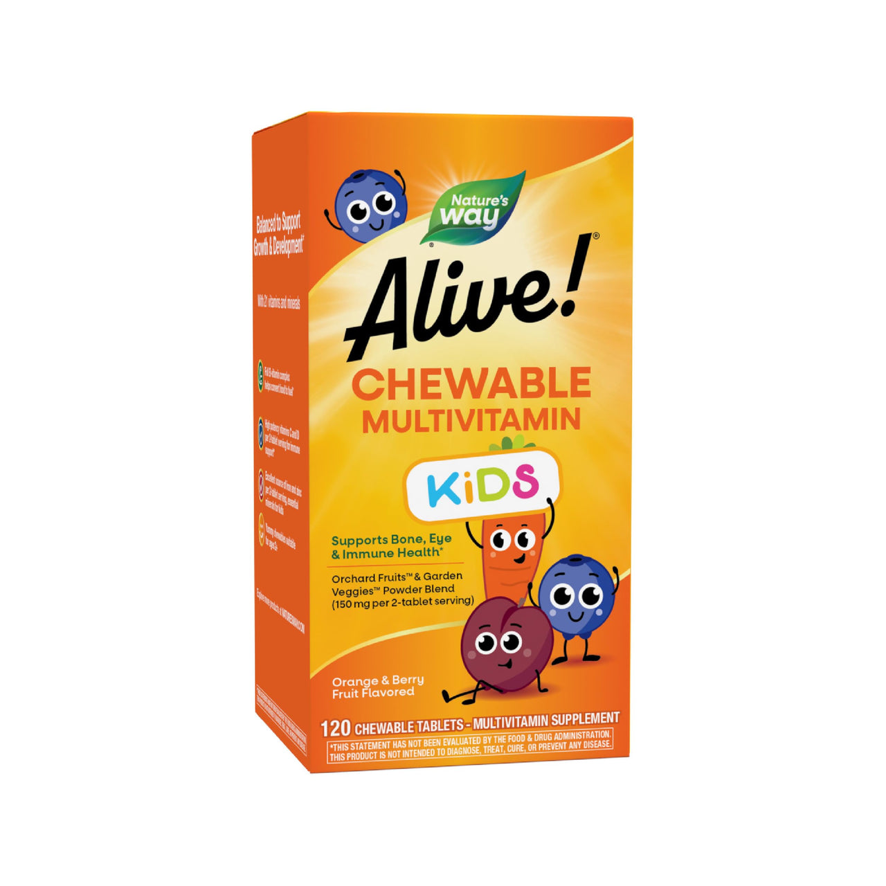 Nature's Way Alive! Children's Daily Chewable Multivitamin Supports Bone, Eye, Immune Health*, Orange and Berry Fruit Flavored, Gluten Free, 120 Tablets