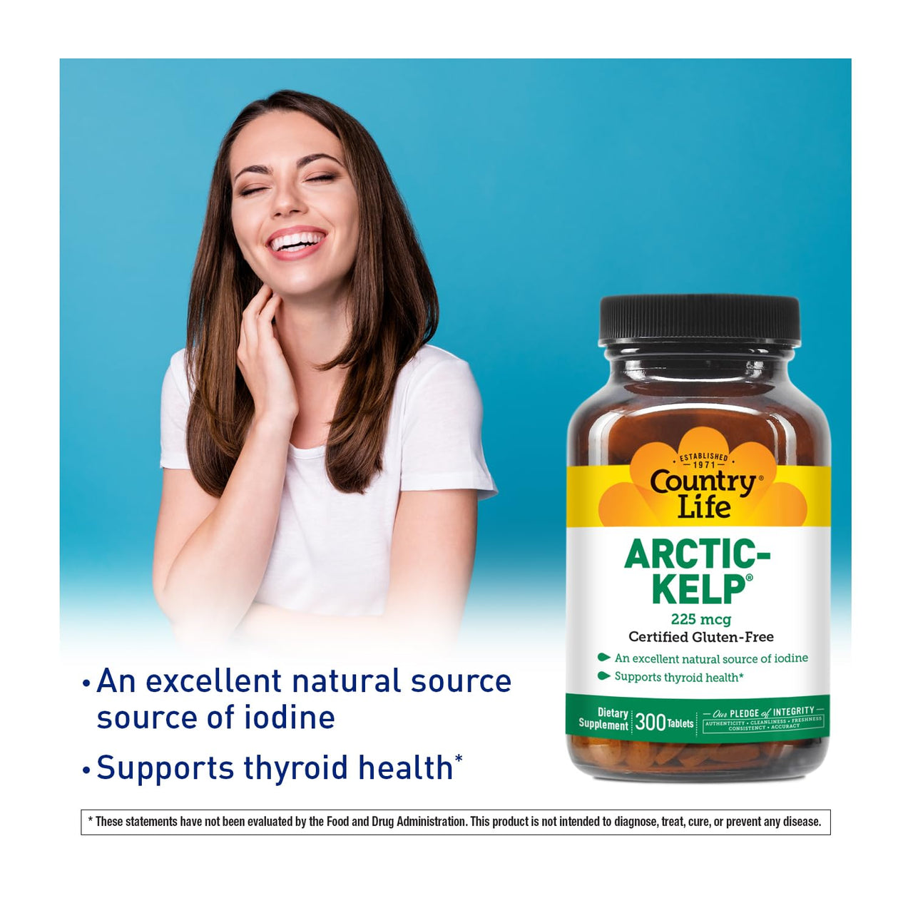 Country Life Arctic-Kelp – Natural Iodine Supplement for Thyroid and Immune Support – Vegan, Gluten-Free, 225 mcg – Ideal for Thyroid Health, Hypothyroidism, and Adrenal Support, 300 Tablets