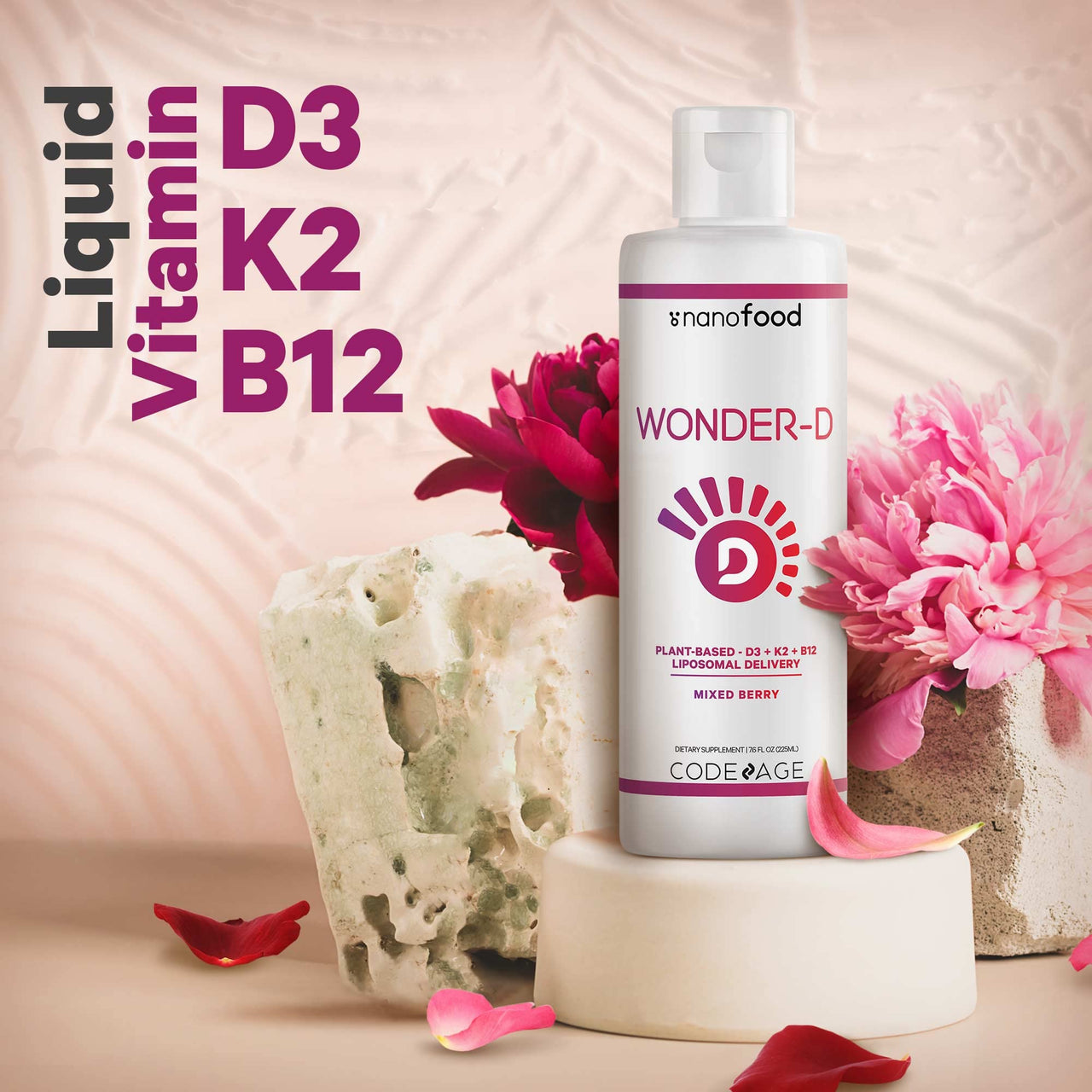 Codeage Liposomal Wonder-D, Vegan Cholecalciferol Vitamin D3 1000 IU Liquid Drops Supplement, Plant-Based Vitamins B12 & K2, Non-GMO Sunflower Phospholipids, Vitamin E, Mixed Berry Flavor, 7.6 fl oz