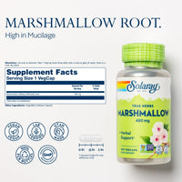 Thumbnail for SOLARAY Marshmallow Root Capsules 480 mg - Soothing Herbal Support w/Whole Marshmallow Root - High in Mucilage Soluble Fiber, Vegan, Non-GMO, Lab Verified, 60-Day Guarantee, 100 Servings, 100 VegCaps