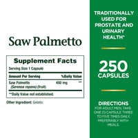 Thumbnail for Nature's Bounty Saw Palmetto Support for Prostate and Urinary Health, Herbal Health Supplement, 450mg, 250 Capsules