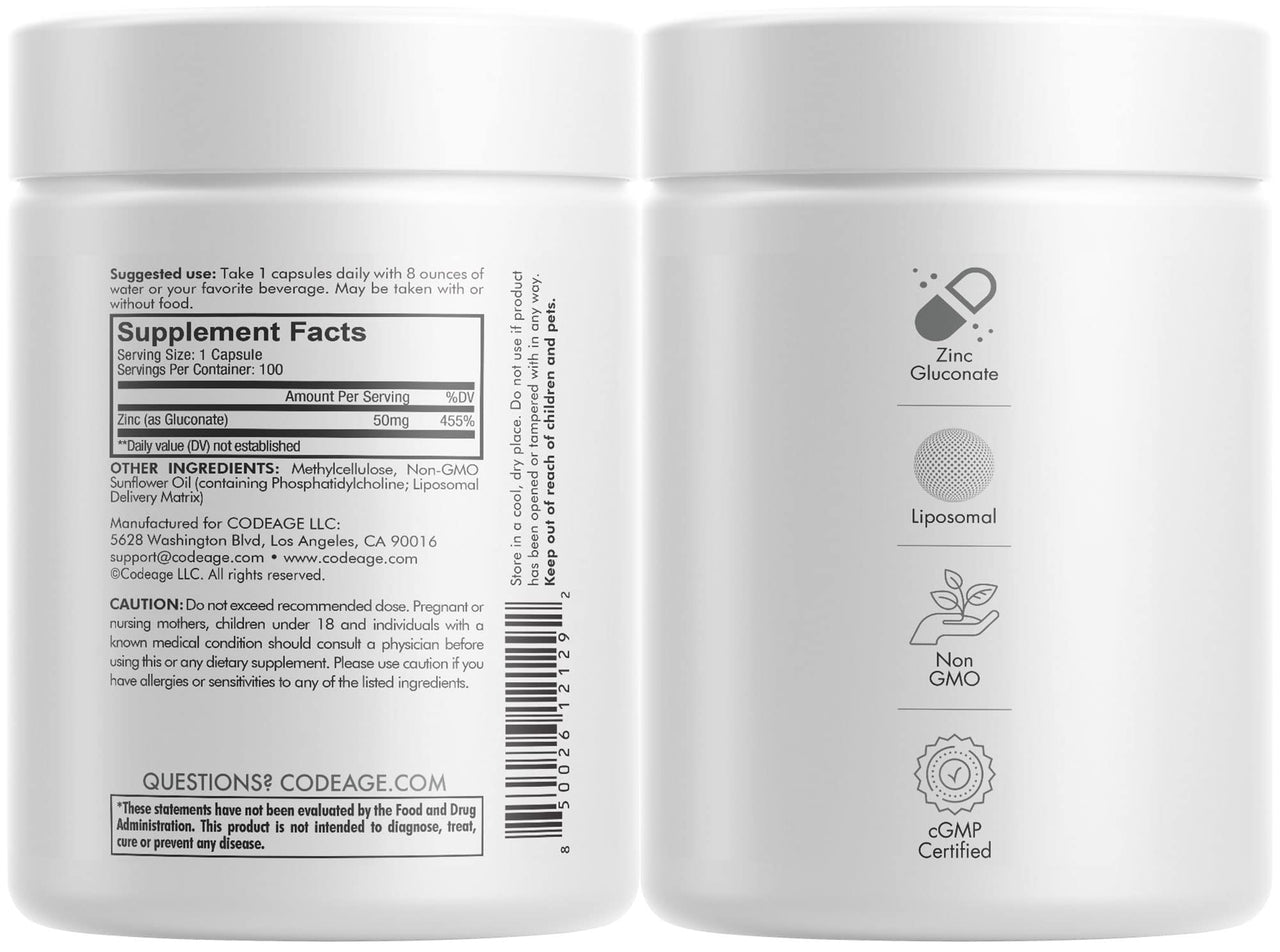 Codeage Liposomal Zinc Supplement – 3 Month Supply – One Per Day - 50 mg Zinc Gluconate Vitamin Pills - Essential Mineral Supplements Zinc Plus Liposomal Delivery Matrix – Vegan Non-GMO - 2 Pack