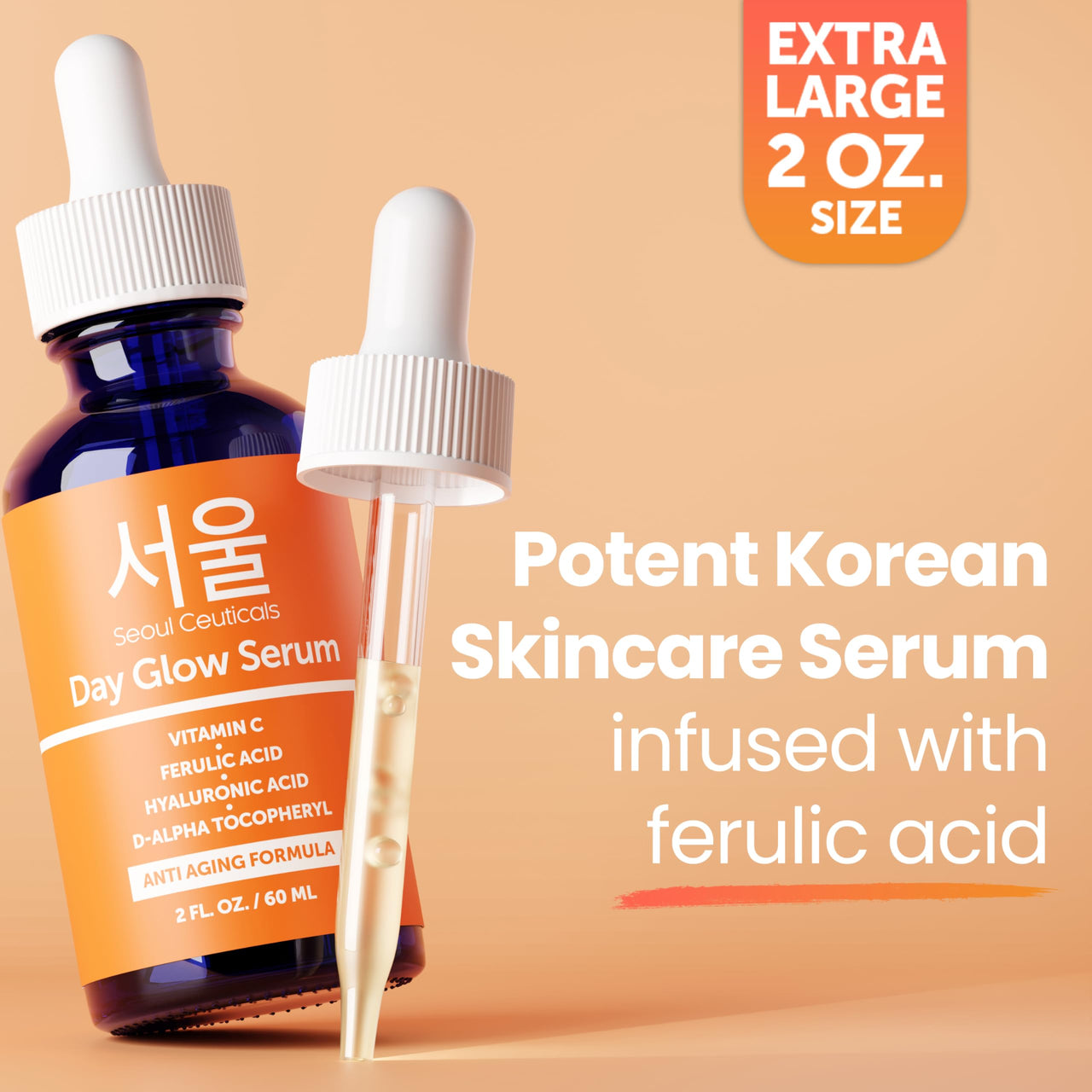 SeoulCeuticals Large 2oz Korean 20% Vitamin C Hyaluronic Acid Serum + CE Ferulic Acid - Potent Anti Aging Vit C, Anti Wrinkle K Beauty Skincare