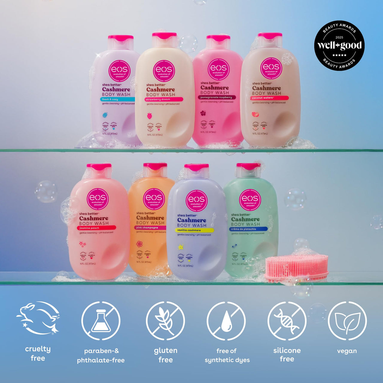 eos Cashmere Body Wash – Fresh & Cozy, Moisturizing Body Wash, Creamy Gel Formula, with Shea Butter, Glycerin, Vitamin E, pH Balanced, Sensitive Skin, Vegan, 16 fl oz