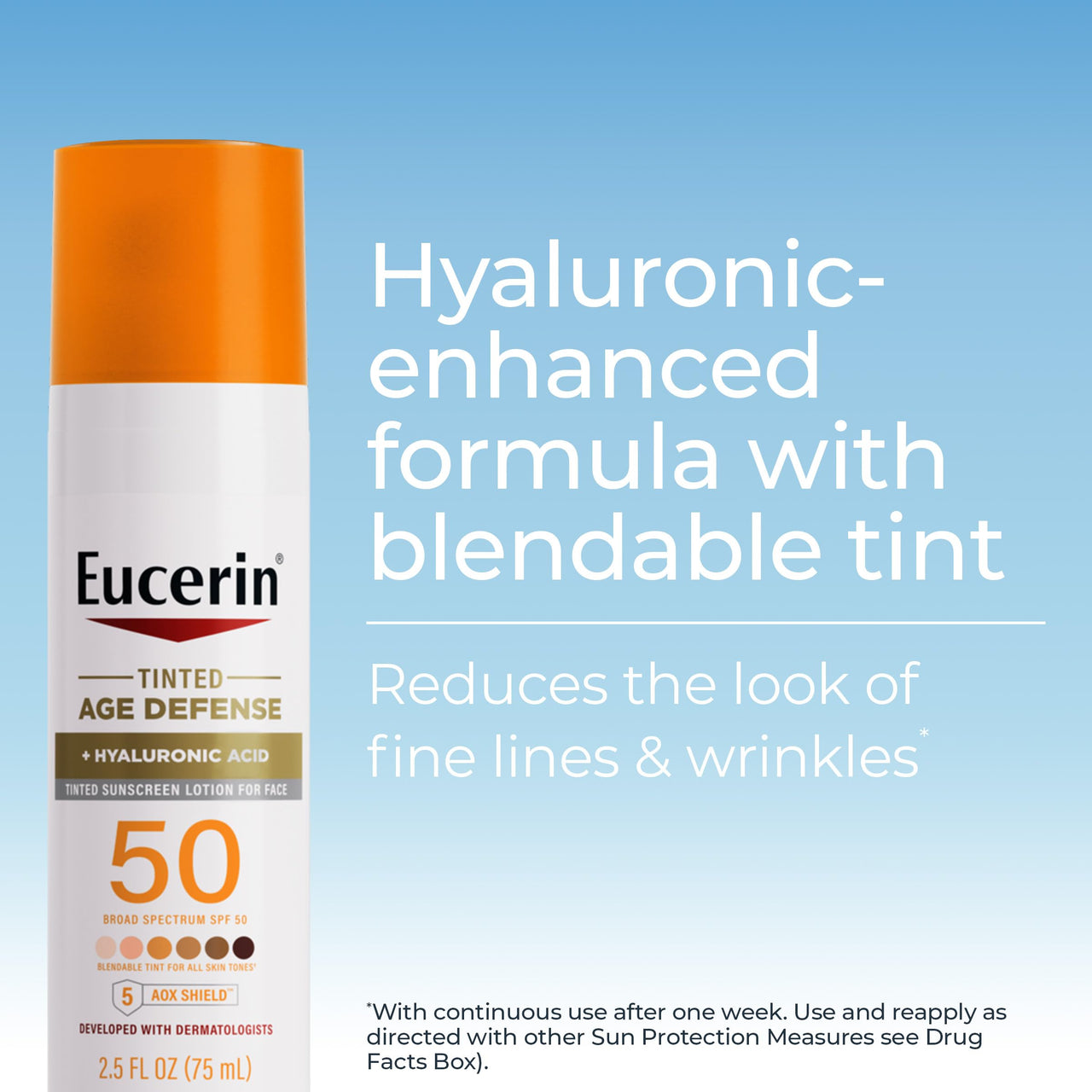 Eucerin Sun Tinted Age Defense SPF 50 Face Sunscreen Lotion with Hyaluronic Acid, Skin Care Gifts for Mom, Hypoallergenic, Non-Comedogenic, Free of Fragrance, Oxybenzone & Octinoxate, 2.5 Fl Oz Bottle