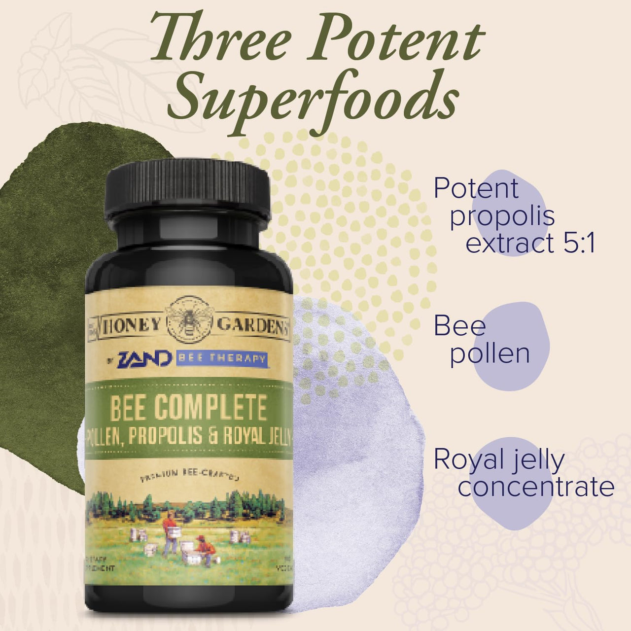 ZAND Honey Gardens Bee Complete - Bee Pollen Supplement for Men & Women, Propolis & Royal Jelly Superfood Blend, High Potency Nourishing Formula - 30 Servings, 90 Vegetarian Capsules