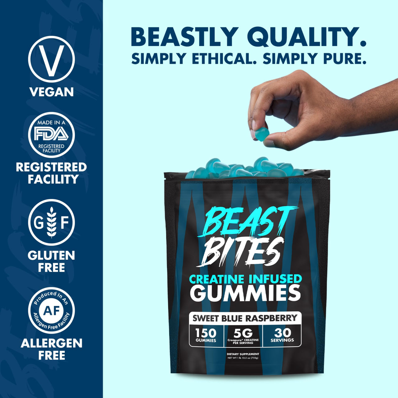 BEAST BITES - Creatine Infused Gummies - 5g Creapure Creatine Monohydrate Per Serving - NSF Certified for Sport - 30 Servings (Blue Raspberry)