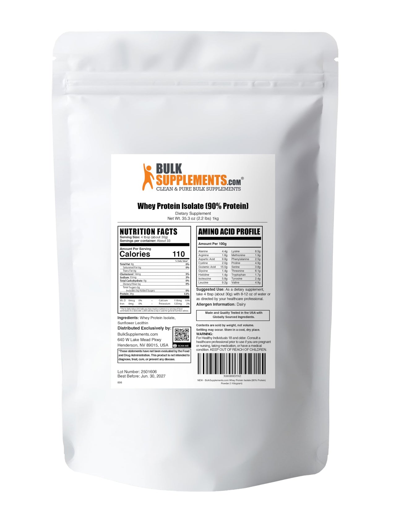BulkSupplements.com Whey Protein Isolate Powder - Unflavored Whey Protein Powder, Nutritional Supplement - Gluten Free, 30g per Serving, 1kg (2.2 lbs) (Pack of 1)