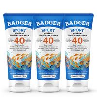 Thumbnail for Badger Reef Safe Sunscreen, Unscented SPF 40 Sport Mineral Sunscreen, 98% Organic, Water Resistant Zinc, Approved for Hawaii & Mexico Reefs, 2.7 fl oz, 3-Pack
