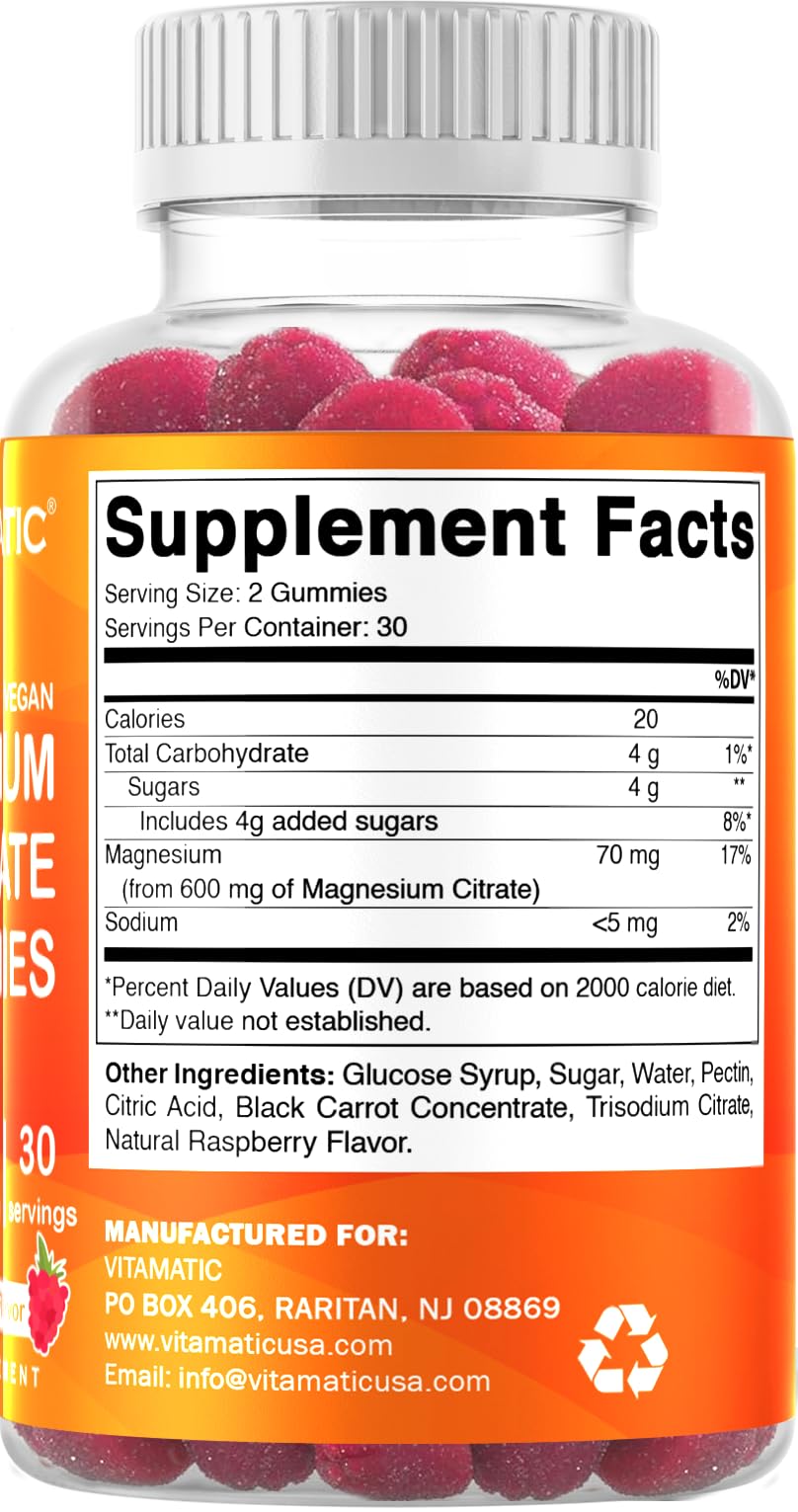 Vitamatic Magnesium Gummies 600mg per Serving – 60 Vegan Count for Relaxation, Muscle, Bone, and Energy Support