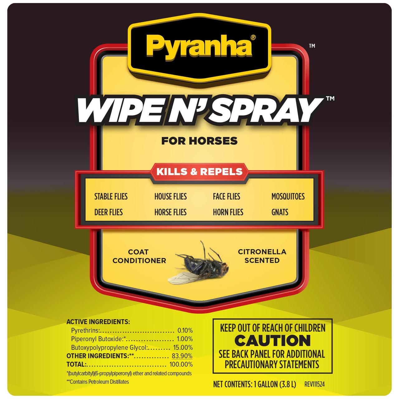 PYRANHA Wipe N' Spray for Horses - Oil-Based Long Lasting Fly Control Repels Horn, Deer, Horse, House, Stable, & Face Flies, Ticks, Mites, Mosquitoes, Gnats & Lice, 1 Gallon