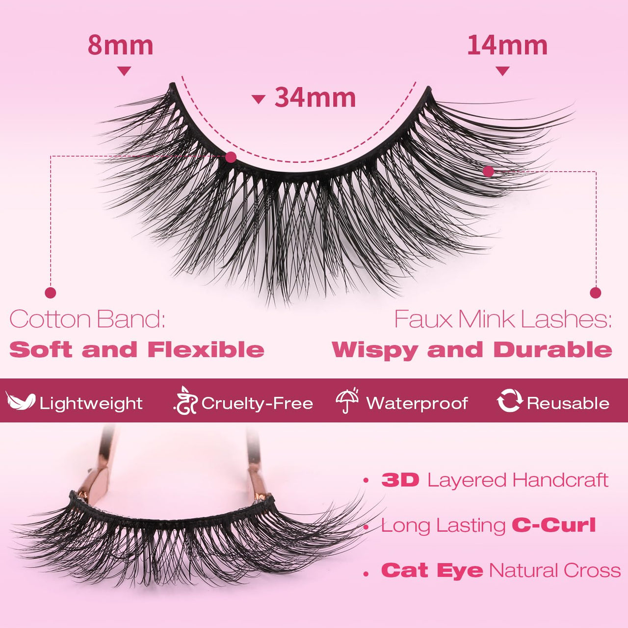 False Eyelashes 14mm Faux 3D Mink Lashes Natural Look Cat Eye Wispy Lashes Pack by Kiromiro, 14 Pairs