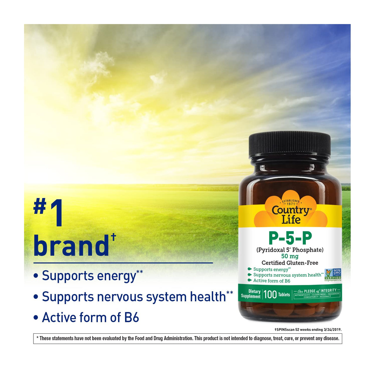 Country Life P-5-P Vitamin B6 – Bioavailable Pyridoxal-5-Phosphate Supplement for Energy, Nervous System Support, and Red Blood Cell Growth – Certified Gluten Free, Vegan, Non-GMO – 100 Capsules